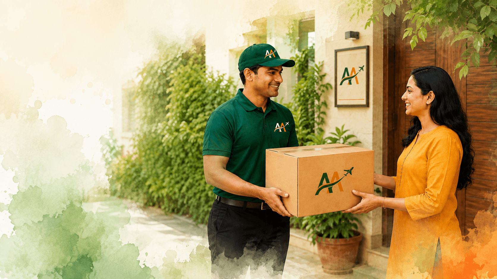 An Abroad Allies field agent handing a parcel to a woman at the door of her home.