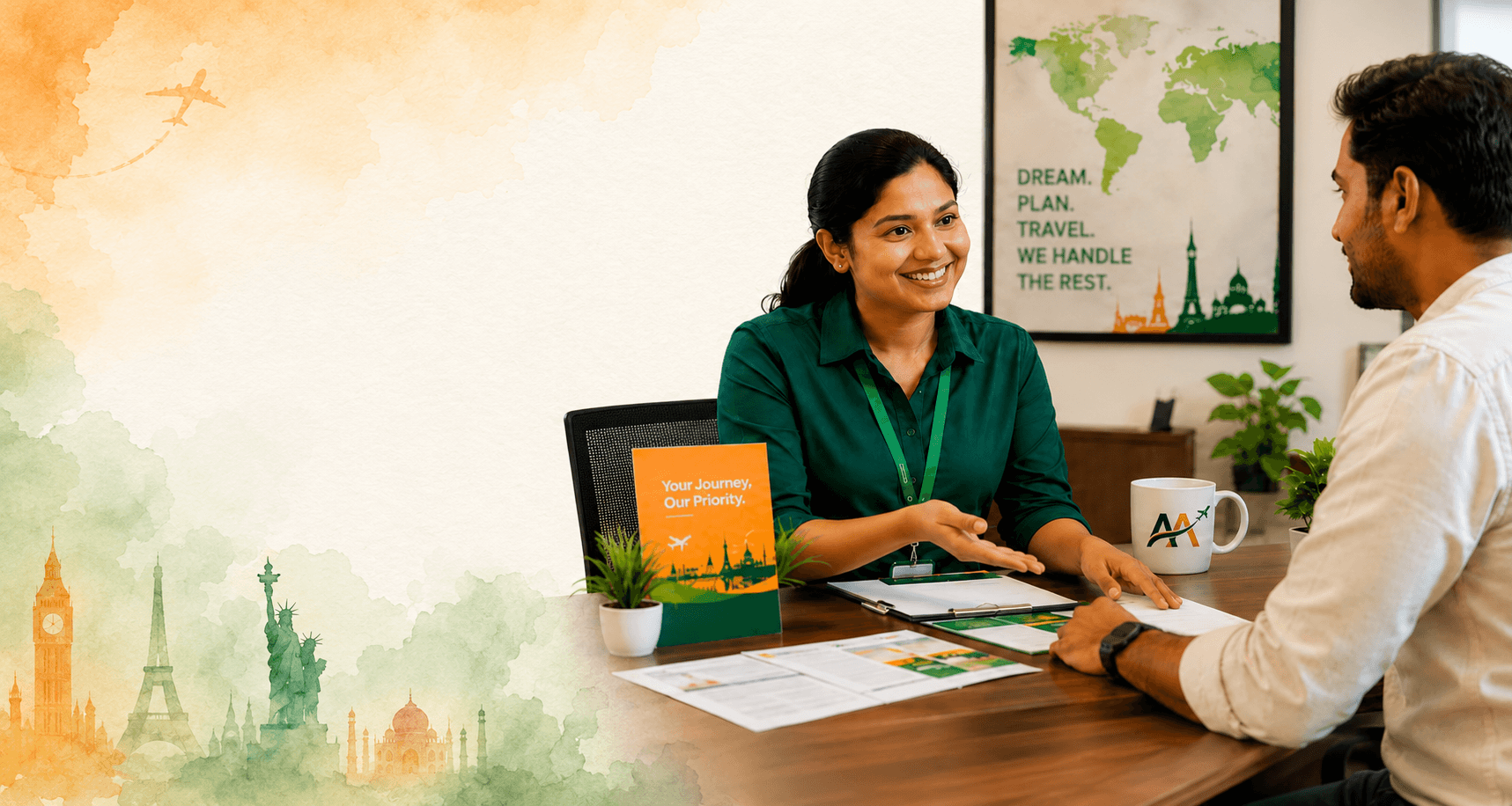 An Abroad Allies coordinator talking with a client across a desk in an office in India.