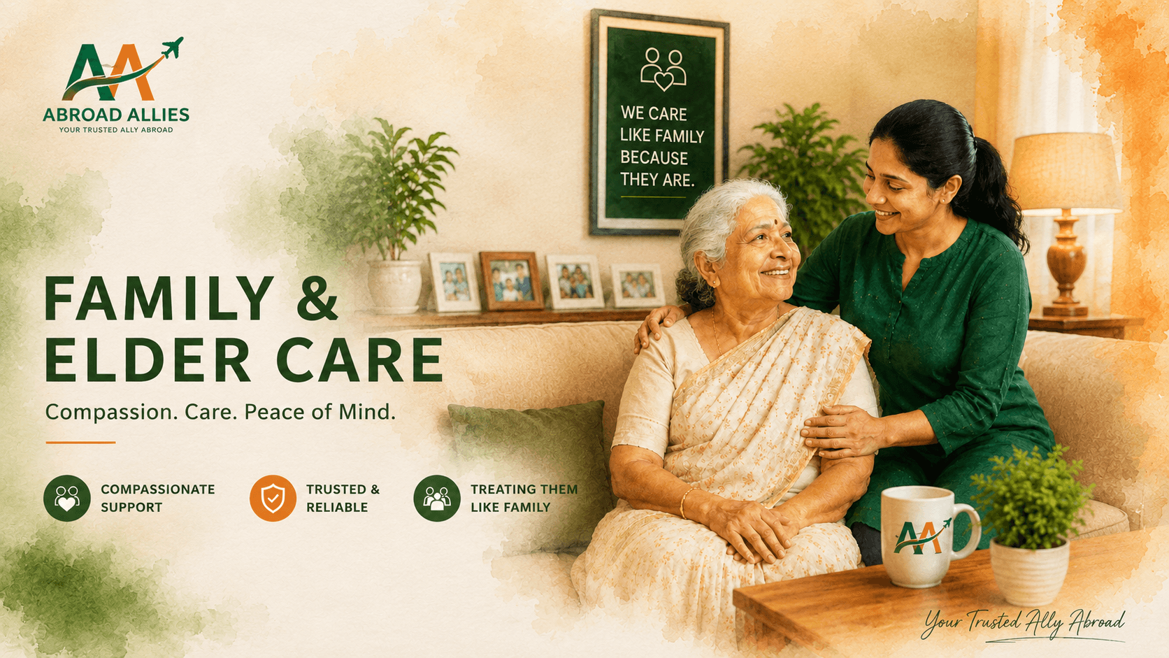 A woman sitting close to her smiling elderly mother on a sofa at home, with framed family photographs behind them. Lettering on the artwork reads “Family & elder care — compassion, care, peace of mind”.