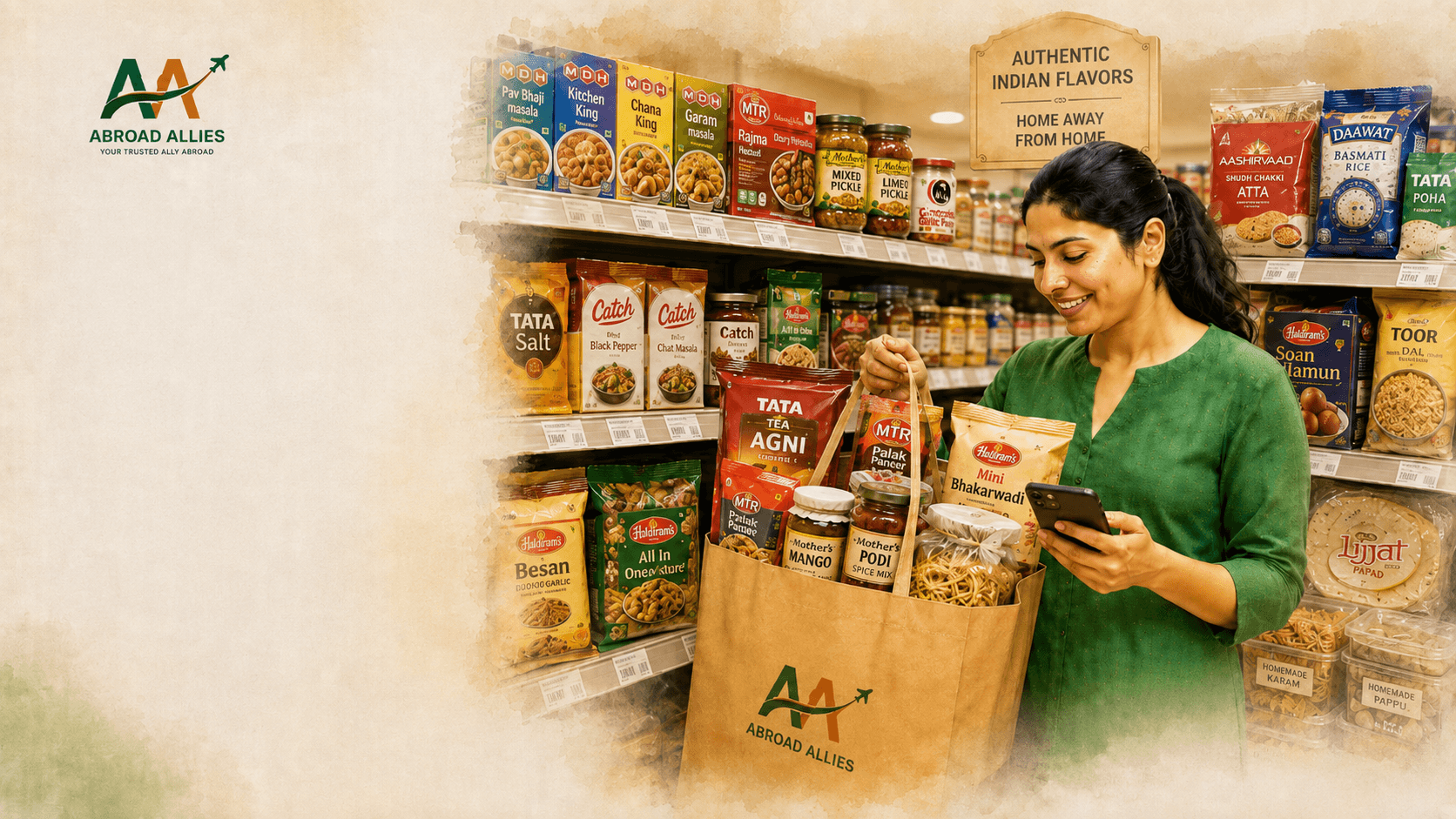 A woman filling an Abroad Allies bag with tea, masala and snacks in an Indian grocery shop while checking her phone, beneath a sign reading “Authentic Indian flavors — home away from home”.