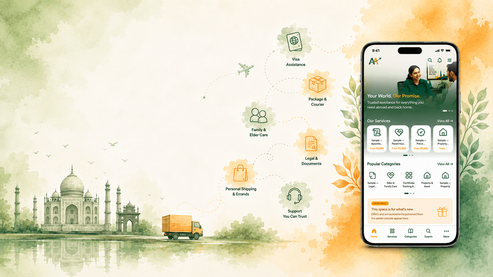 Illustration of the Abroad Allies phone app. Watercolour icons name the services it covers — visa assistance, package and courier, family and elder care, legal and documents, personal shipping and errands, and support you can trust — joined by a dotted flight path over a pale watercolour skyline of the Taj Mahal and India Gate. The app is shown on a phone open at its home screen, listing services and their starting prices in rupees.